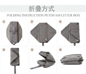 Instructions de pliage détaillées étape par étape pour litière portable grise.