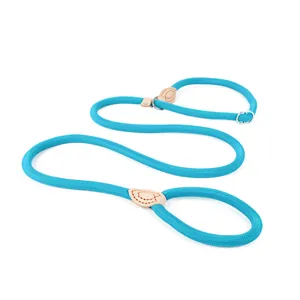 Close-up view of a cyan braided nylon dog slip lead featuring durable leather joint details.