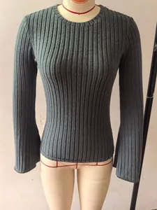 Close-up view of the 8x4 ribbed texture on a grey long-sleeved round neck top for women