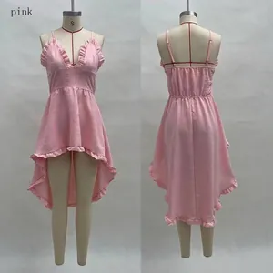 Front and back detail of a pink ruffled irregular hem beach dress for women's summer style