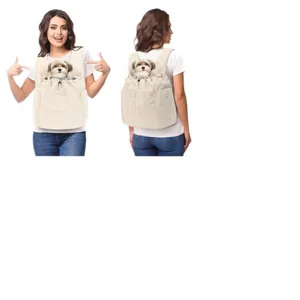Front and back views of a beige pet carrier backpack for small dogs and cats on a model