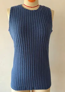 Macro detail of the large vertical rib texture on this blue sleeveless summer knit vest