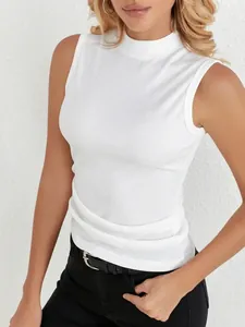 Canotta da Donna a Collo Alto Senza Maniche a Costine Slim Fit Tinta Unita Lavorata a Maglia Estate Casual