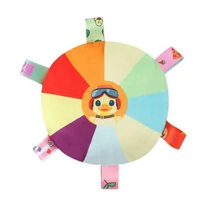 Rainbow plush squeaky frisbee toy for dogs with cartoon duck design and tags
