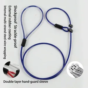 Detail of heavy-duty blue P-chain dog leash showing internal multi-strand steel wire