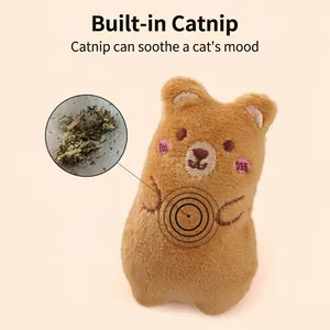 Soft plush brown bear cat toy with built-in natural catnip for soothing pet play.