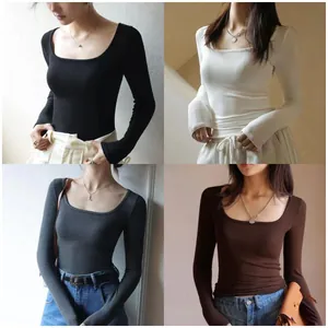 Vue détaillée de t-shirts à manches longues côtelés à col carré pour femmes en 4 couleurs