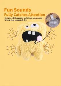 Funny yellow monster plush dog toy with built-in squeaker and crinkle paper detail.