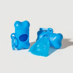 Bone-shaped dog poop bag dispenser and portable pet waste bag holder in bright blue