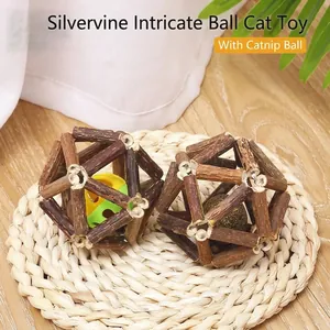 Natural Silvervine Catnip Ball Toy For Cats Interactive Kitten Teething Toy With Bell Sound For Grinding Teeth Cleaning Wood Cat Chew Toy
