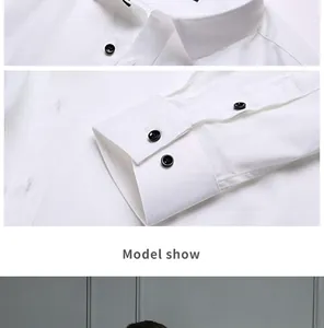 Close-up view of white long-sleeve business shirt showing collar and cuff details