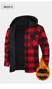Men's red and black plaid hooded flannel shirt featuring warm black fleece lining detail