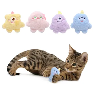 Plush cat toys with big eyes and catnip, set of four colorful monster characters
