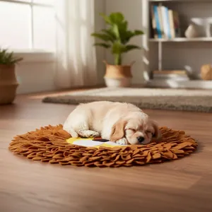 Detailed view of a puppy sleeping on a lion-shaped sniffing mat for pet foraging and play
