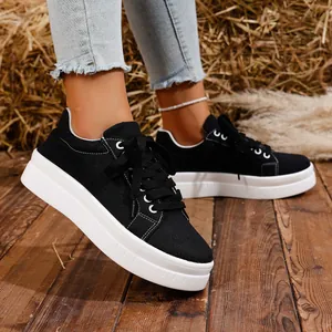 Zapatillas de lona con plataforma negras para mujer, punta redonda y cordones de moda