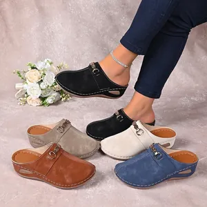 Women's Platform Mules Clogs Synthetic Leather Wedge Heel Sandals Metal Chain Decor Contrast Stitching Breathable Comfort Daily Shoes