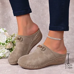 Comfortable women's closed-toe wedge mules with chain detail and 5.5cm heel height.