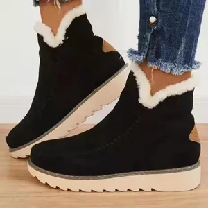 Bottes en Coton à Semelle Épaisse pour Femmes Hiver Couleur Unie Slip-on Bottines Chaudes Grande Taille Doublure en Fausse Fourrure Antidérapantes