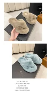 Détails des pantoufles luxueuses en fausse fourrure croisée pour femmes en kaki et bleu clair