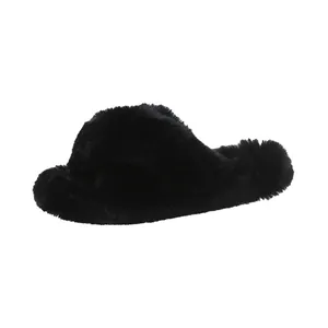 Vue latérale détaillée des pantoufles confortables en fausse fourrure noire femme