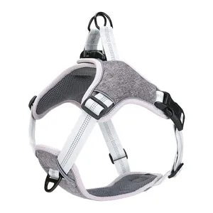 Detailed view of the breathable grey mesh vest dog harness with reflective edges.