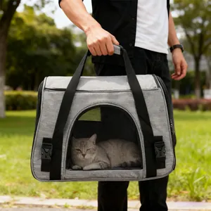 Große tragbare graue Haustiertasche aus Oxford-Gewebe für Katzen mit atmungsaktivem Netz.