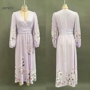 Front and back view of a lavender floral V-neck maxi dress with pleated waist