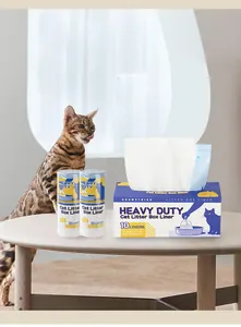 Durable heavy duty drawstring cat litter box liners displayed next to a pet cat.
