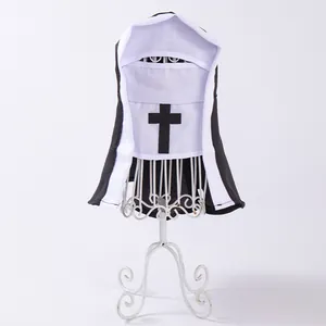 Detailed front view of a lightweight black and white nun habit costume for cat pets