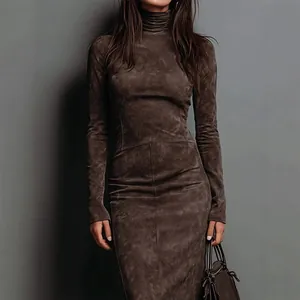 Slim-fit brown suede turtleneck long-sleeve midi dress for autumn and winter
