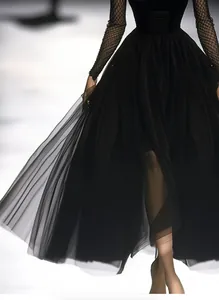 Detailed macro shot of black French vintage tulle dress showing mesh texture.
