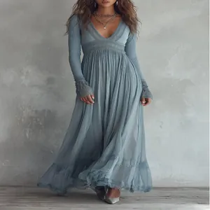 Vestido Largo Bohemio para Mujer Festival de Punto y Gasa Plisado con Encaje Patchwork Elegante Escote en V Manga Larga Cintura Alta
