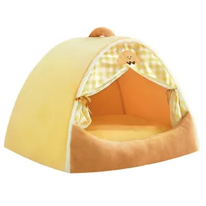 Cozy semi-enclosed dome pet tent bed for cats and small dogs in soft warm yellow plush fabric.