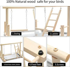 Feature details of wooden bird stand including swing, ladder, and stainless steel tray