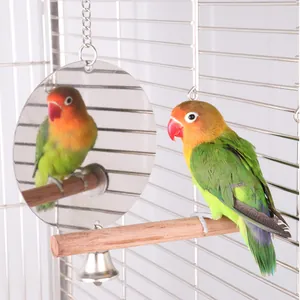 Stainless steel bird mirror toy featuring a wooden perch and bell for small parrots