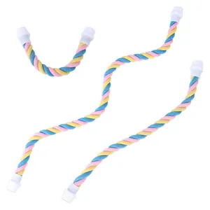 Detailed view of macaron-colored twisted cotton rope parrot climbing toy with plastic ends