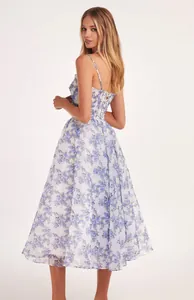Elegant floral chiffon midi dress featuring thin straps and a lace-up back design.