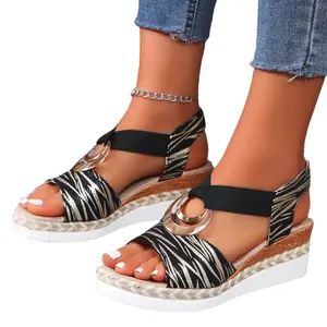 Women's zebra pattern wedge sandals with metal ring and hemp rope sole