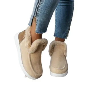 Botas de nieve de piel sintética beige para mujer, pantuflas cálidas con forro de felpa