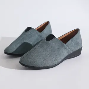 Grey faux suede slip-on wedge shoes for women with pointed toe and elastic detail