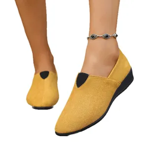 Comfortable yellow suede pointed-toe wedge loafers for women with slip-on design