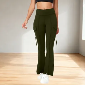 Front view of stylish dark green high-waisted flare yoga pants with cargo pockets