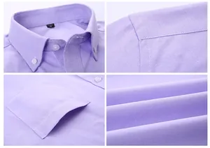 Close-up of light purple Oxford cotton shirt showing collar, pocket, and fabric texture.
