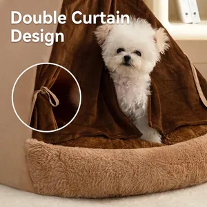 Tente de luxe douillette en peluche pour animaux avec rideaux pour chiens et chats