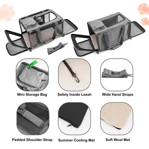 Detailed view of foldable pet carrier accessories like wool mat and padded straps