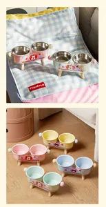 Elevated double pet bowl set for cats and dogs in various colors shown in a home scene