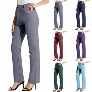 Women's solid color high waist straight leg office work pants in multiple colors