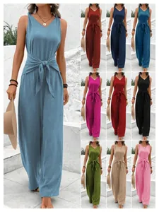 Full color collection of V-neck sleeveless wide-leg jumpsuits with tie-waist detail