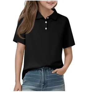 Front view of a child's casual black short-sleeved polo shirt with collar detail