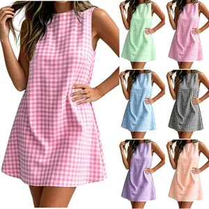 Detailed view of women's sleeveless gingham summer dress in various vibrant colors